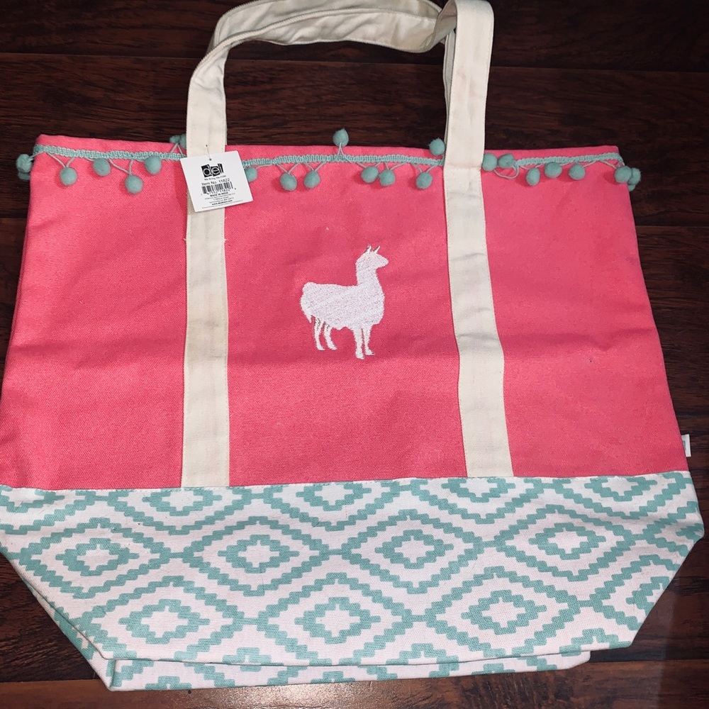 NWT DEI pink & teal llama canvas tote bag